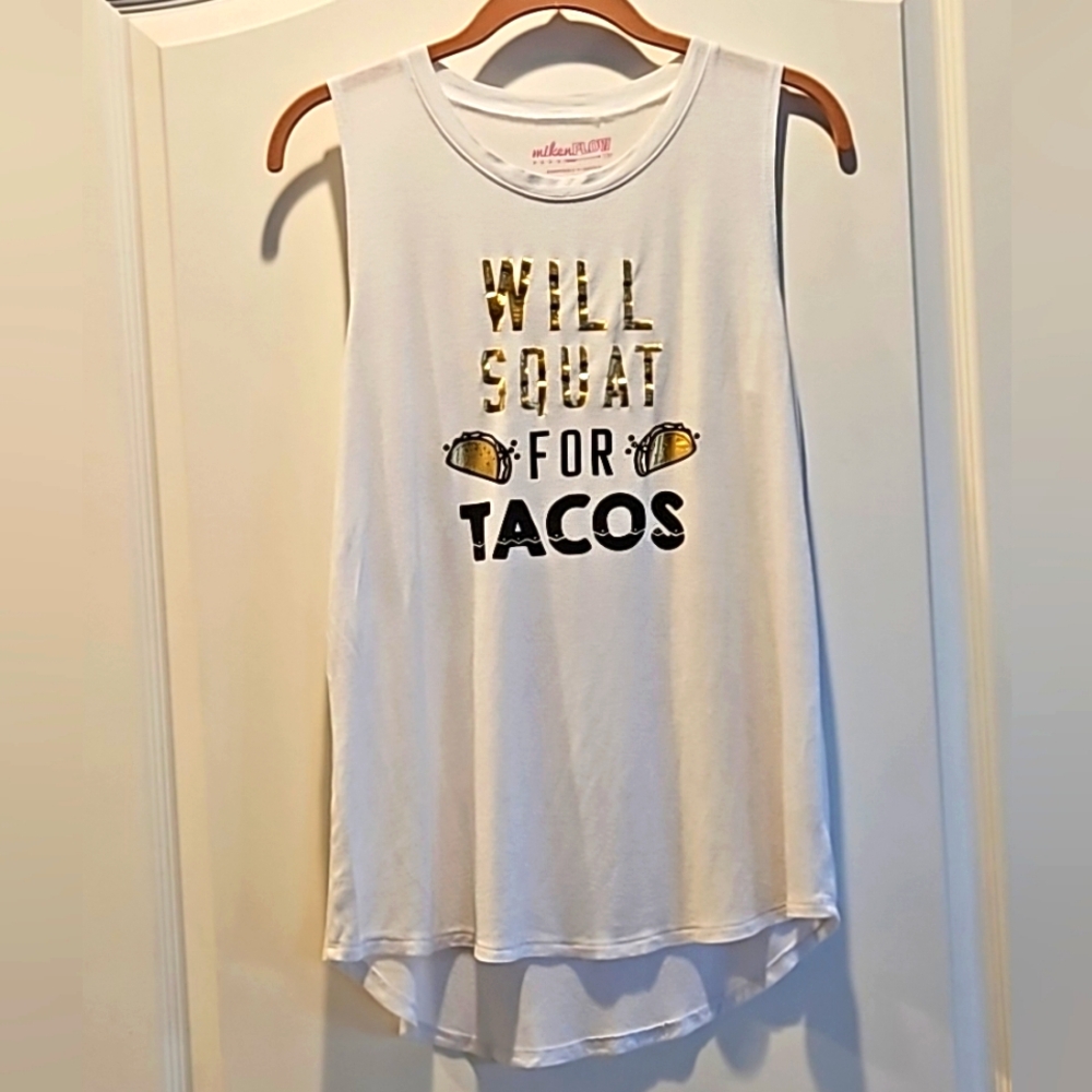Miken Flow WILL SQUAT FOR TACOS  Tank Top Sleeveless Womens Medium White Gold - Picture 2 of 12